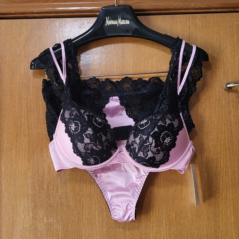 Oh La La Cheri Padded Lace Bra & High Waist Panty 2 Piece Set XL Pink Black NWT